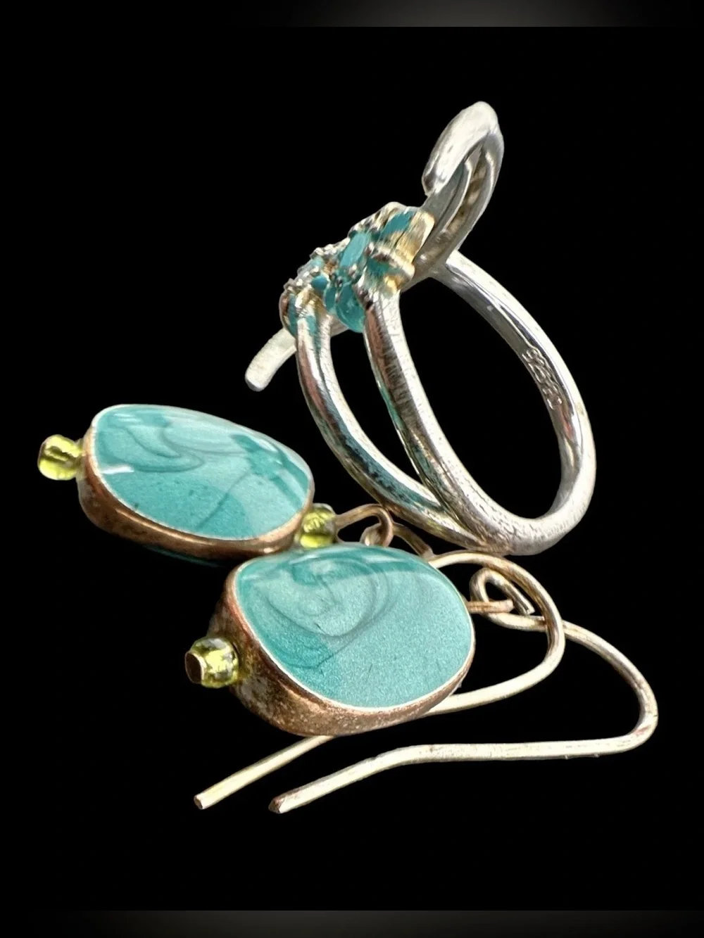 925 Sterling Silver Moon & Stars Ring And Turquoise Fashion Earrings